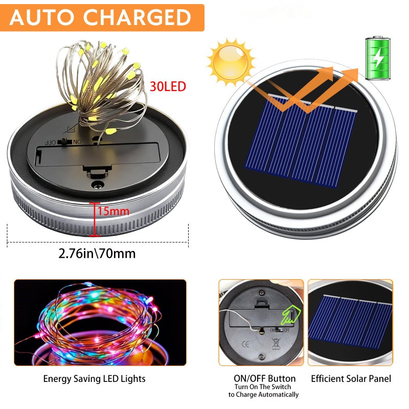 VOOKRY 6 Pack Solar Mason Jar Lights, 30 LED Mason Jar Lids Waterproof Firefly Fairy String Lights with 6 Hangers(No Jars), for Outdoor Patio Garden Yard Lawn Party Wedding Decoration - Multicolor - Image 2